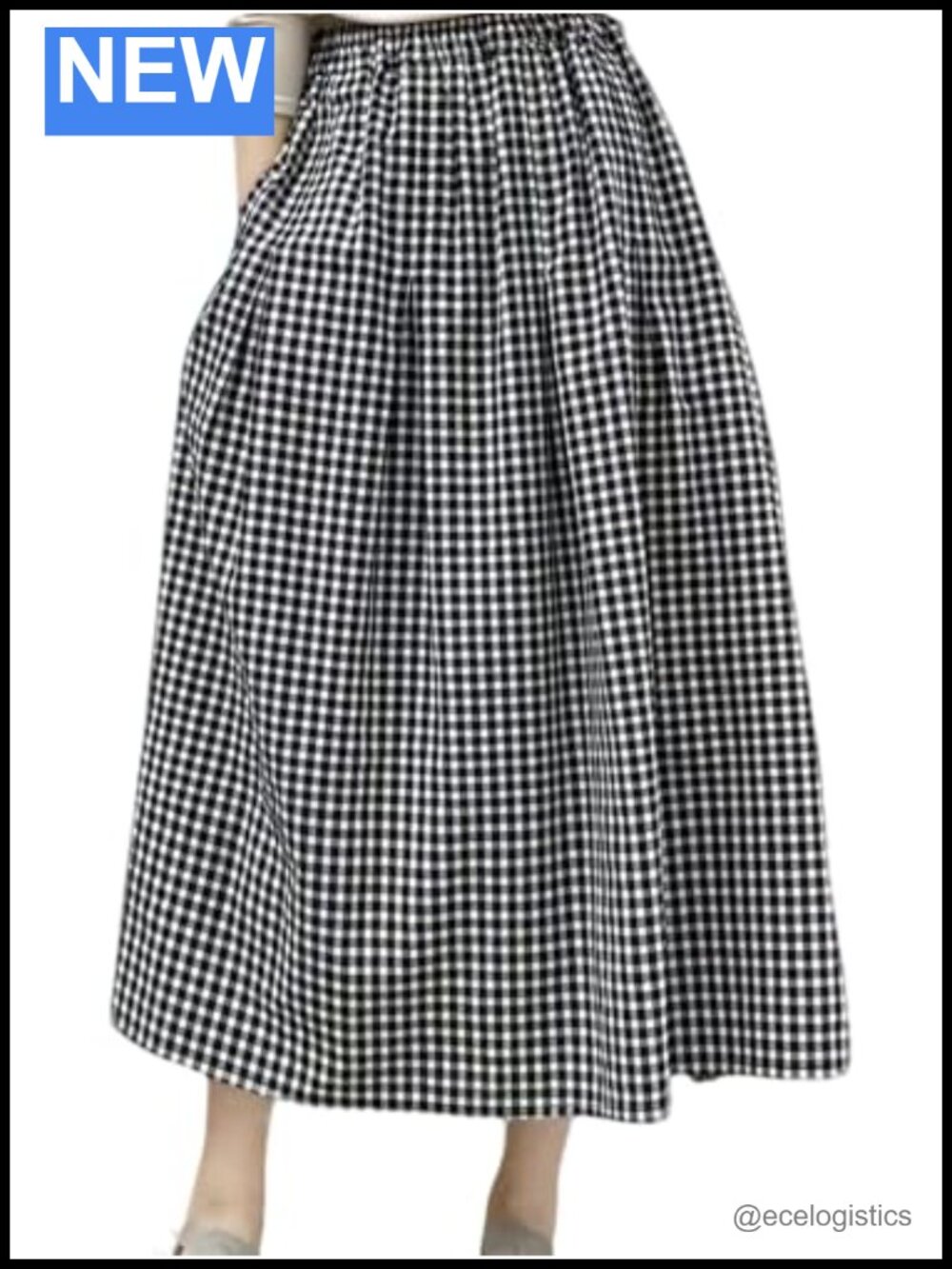 Gingham Midi Skirt A-Line Cotton High Waist Flared with Pockets